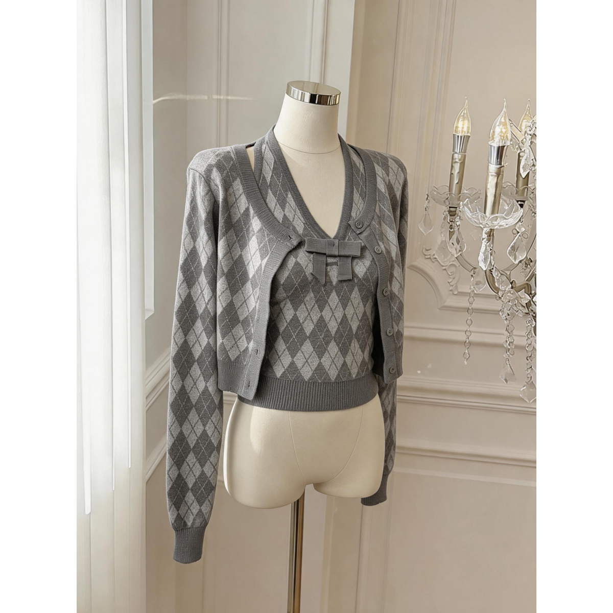 Women's Retro Diamond Knit Cardigan and Vest Two-Piece Set with Waist-Cinching Design - Image 5