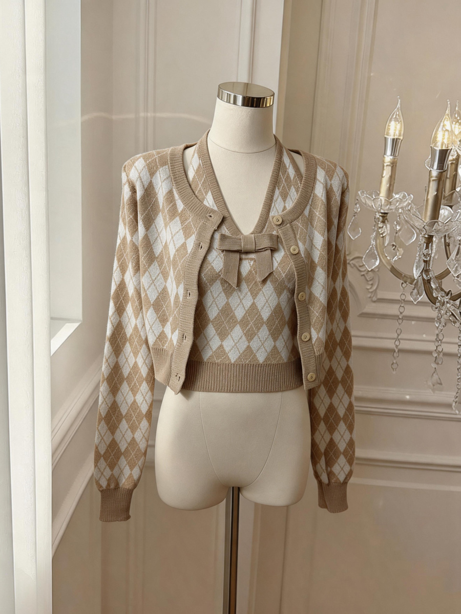 Women's Retro Diamond Knit Cardigan and Vest Two-Piece Set with Waist-Cinching Design - Image 2