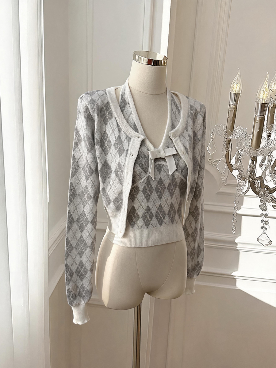 Women's Retro Diamond Argyle Two-Piece Sweater Set with Long Sleeve Cardigan and Vest - Image 3