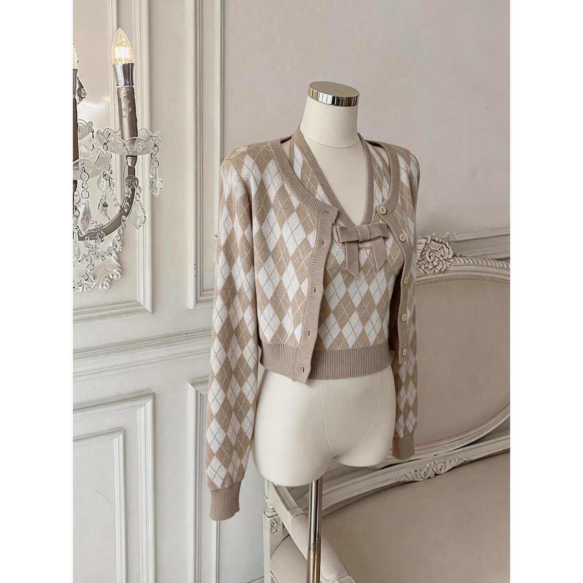 Women's Retro Diamond Argyle Two-Piece Sweater Set with Long Sleeve Cardigan and Vest - Image 5