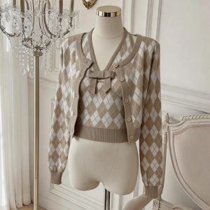 Women's Retro Diamond Argyle Two-Piece Sweater Set with Long Sleeve Cardigan and Vest
