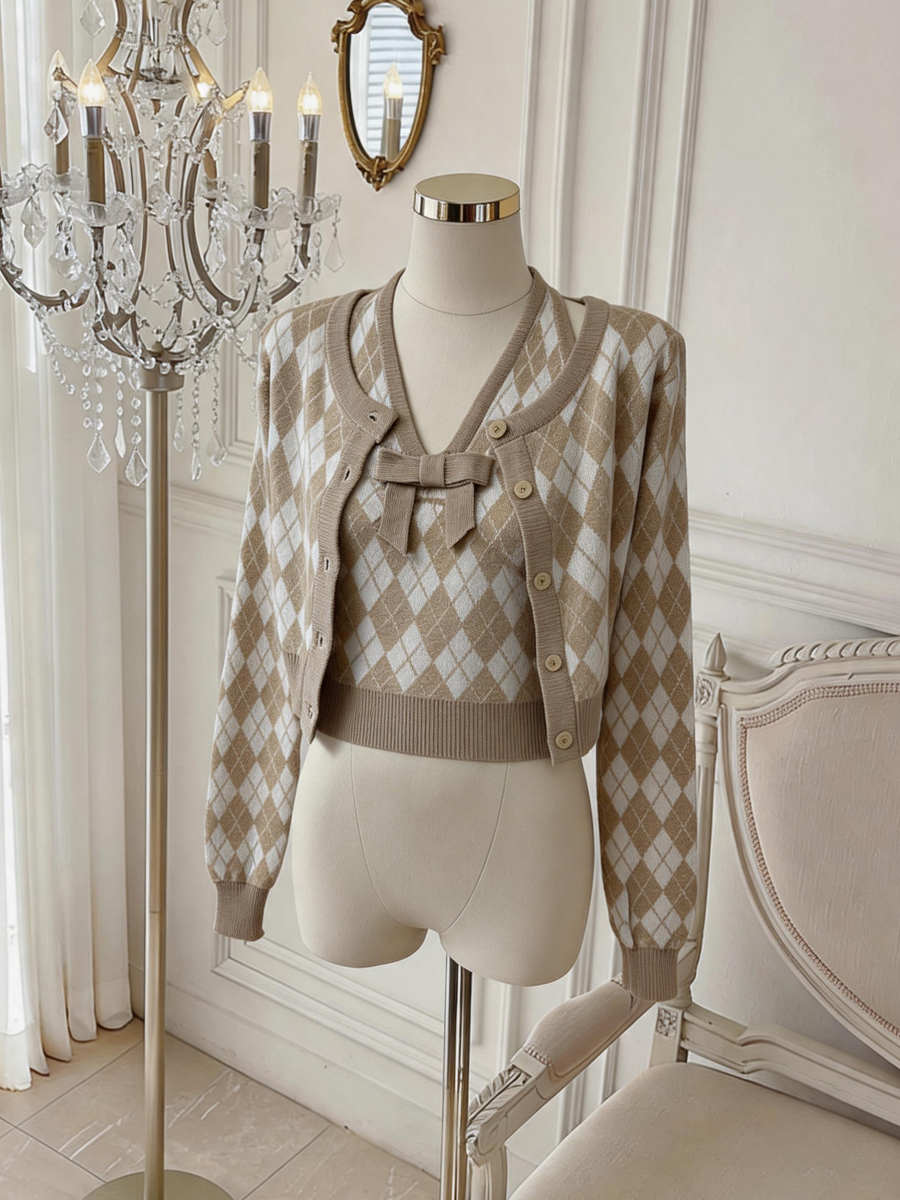 Women's Retro Diamond Argyle Two-Piece Sweater Set with Long Sleeve Cardigan and Vest