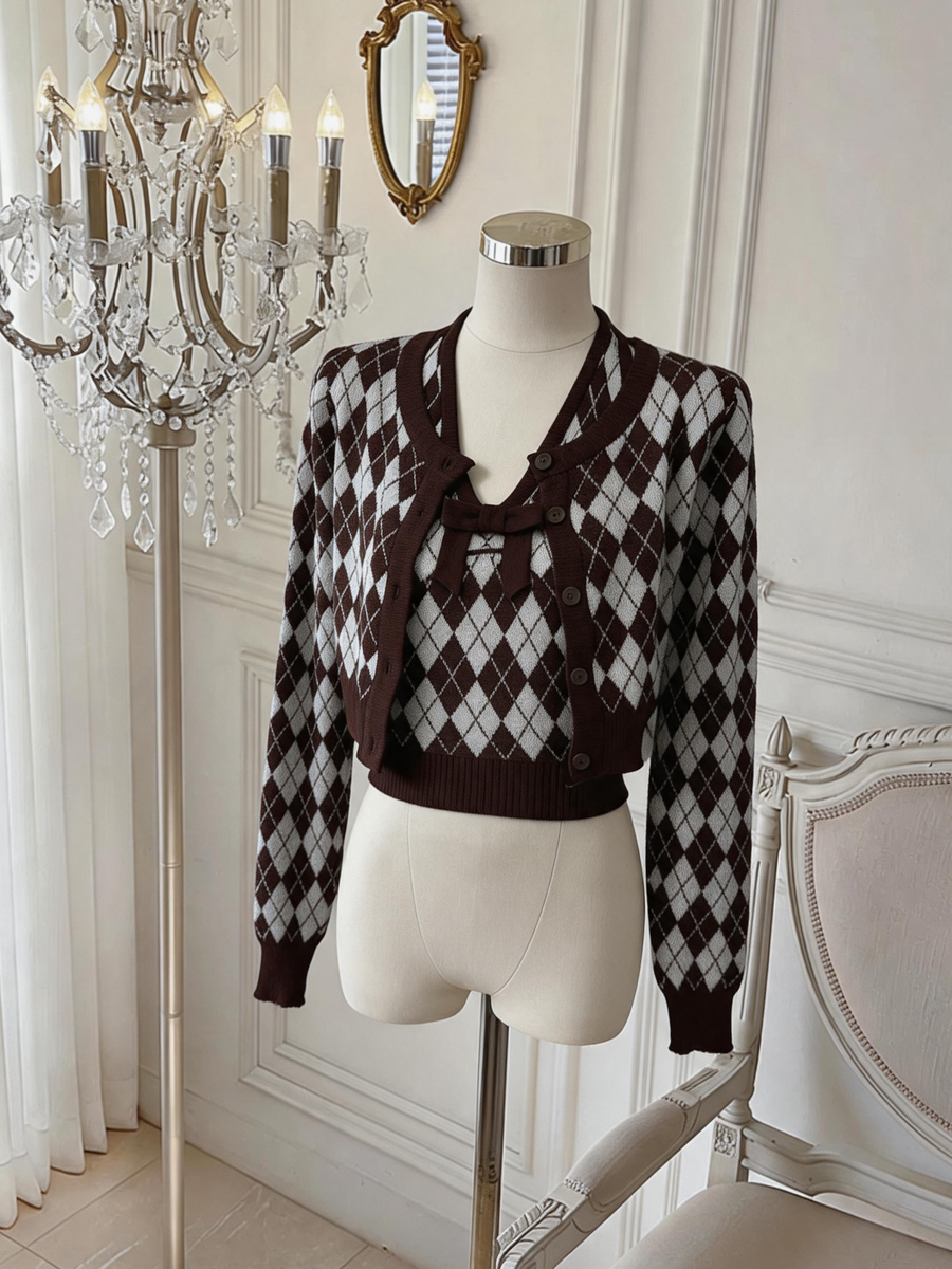 Women's Retro Diamond Argyle Two-Piece Sweater Set with Long Sleeve Cardigan and Vest - Image 2