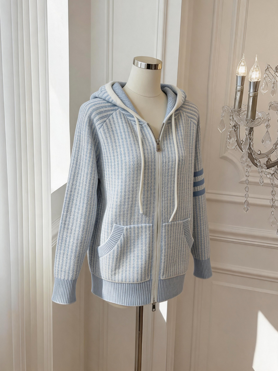 Women's Lazy Style Loose Hooded Color-Block Striped Knit Cardigan - Image 2