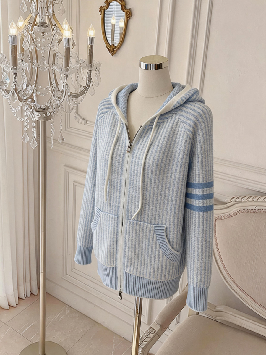 Women's Lazy Style Loose Hooded Color-Block Striped Knit Cardigan - Image 3
