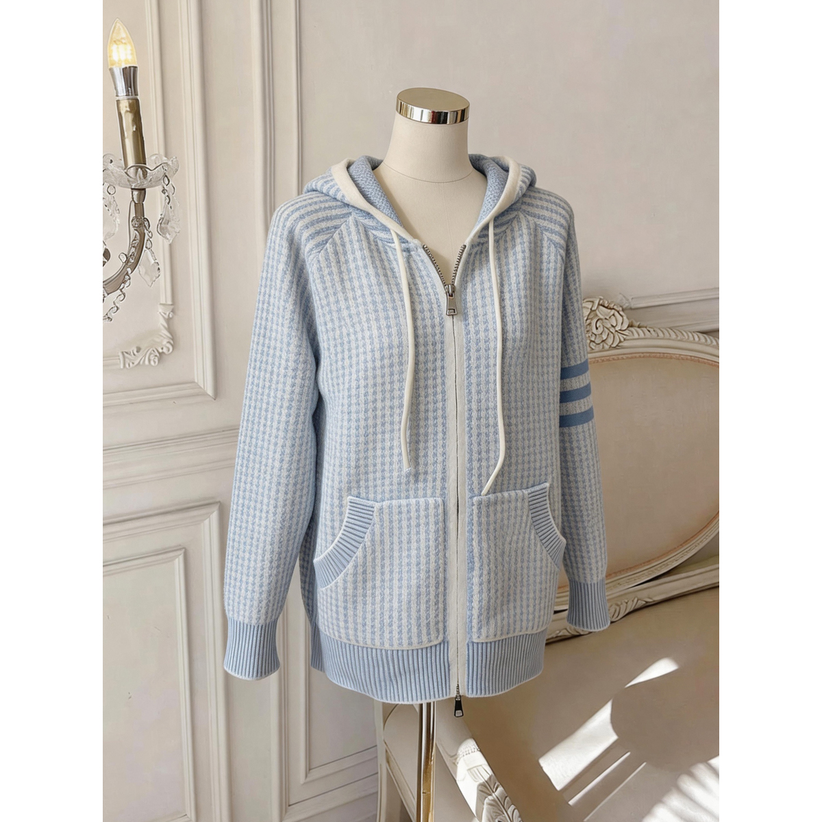 Women's Lazy Style Loose Hooded Color-Block Striped Knit Cardigan - Image 5