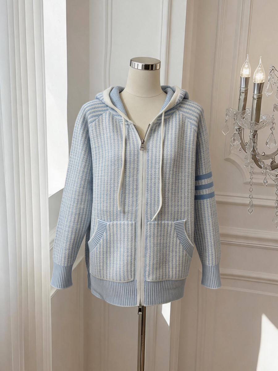 Women's Lazy Style Loose Hooded Color-Block Striped Knit Cardigan