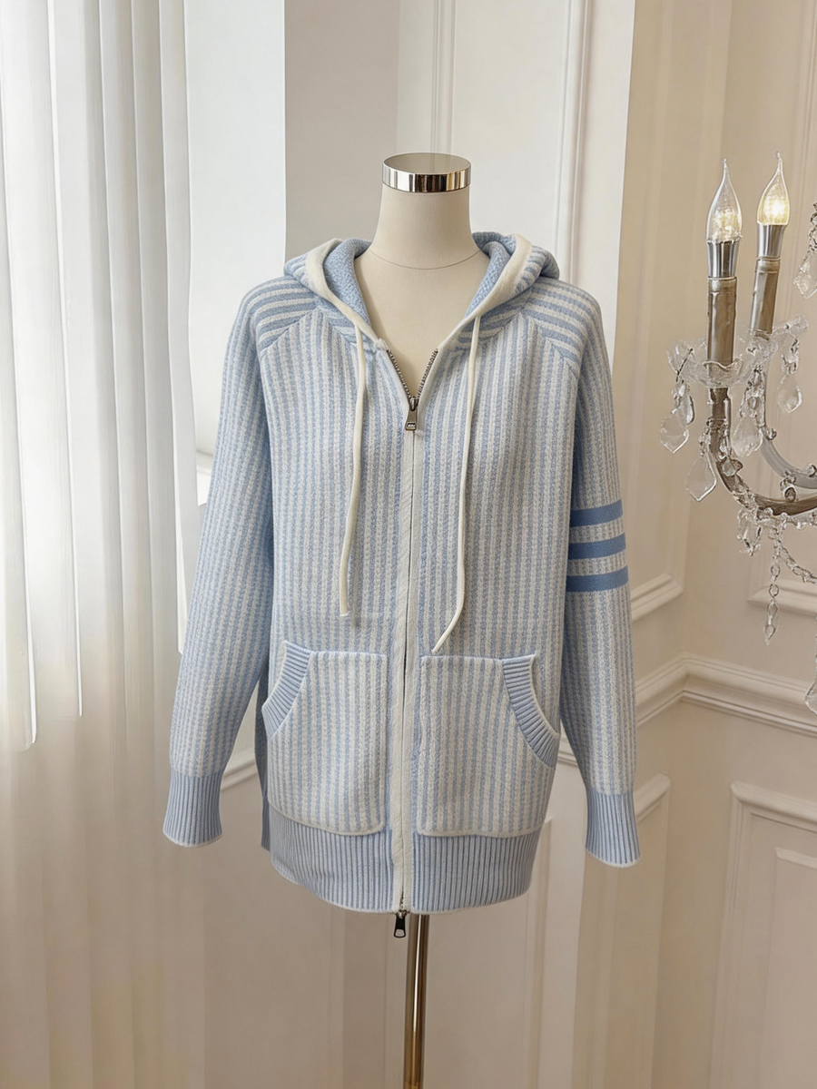 Women's Lazy Style Loose Hooded Color-Block Striped Knit Cardigan - Image 4