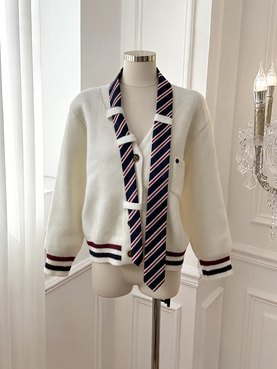 Women's Japanese Campus Style Striped Tie Neck Sweater Cardigan - Image 2