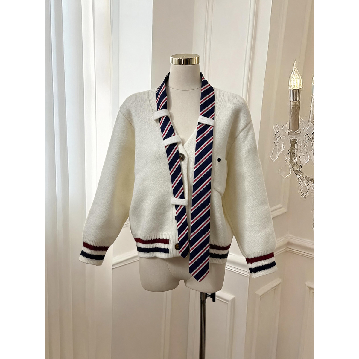 Women's Japanese Campus Style Striped Tie Neck Sweater Cardigan - Image 5