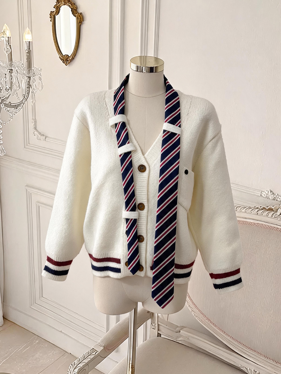 Women's Japanese Campus Style Striped Tie Neck Sweater Cardigan - Image 4