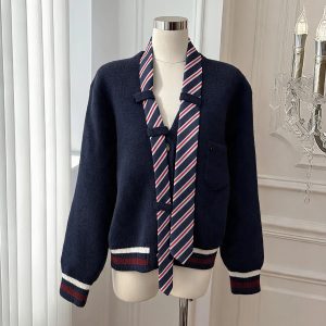 Women's Japanese Campus Style Striped Tie Neck Sweater Cardigan