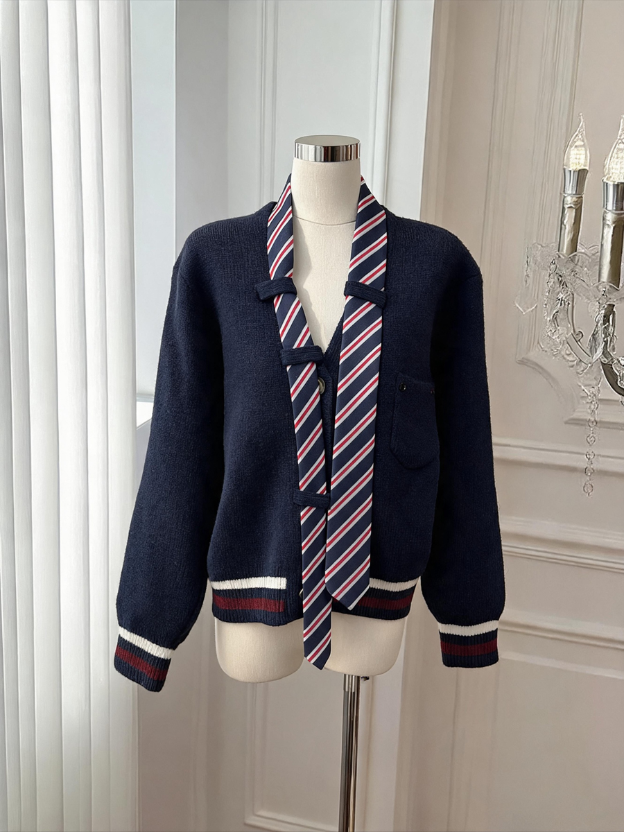 Women's Japanese Campus Style Striped Tie Neck Sweater Cardigan