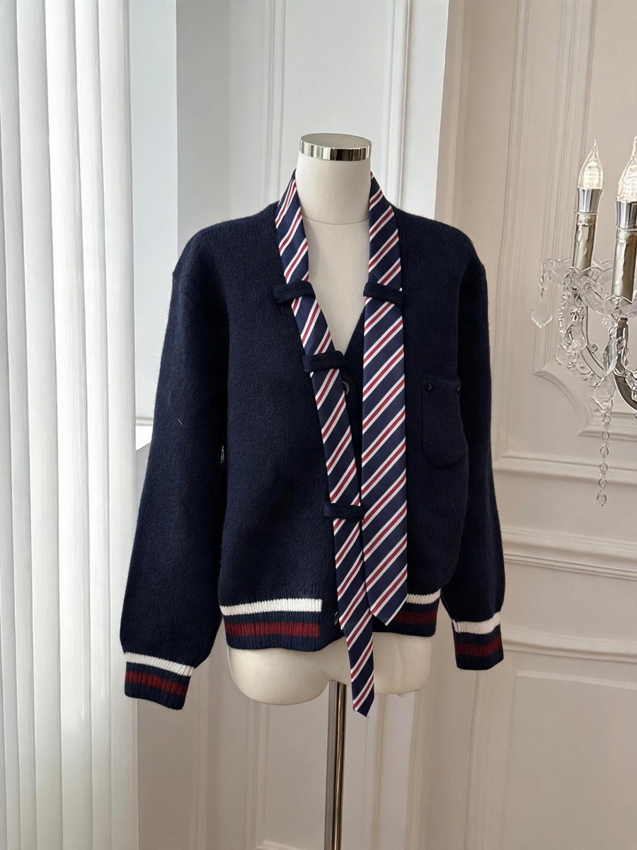 Women's Japanese Campus Style Striped Tie Neck Sweater Cardigan - Image 3