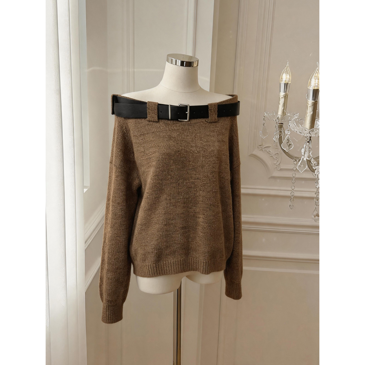 100% Merino Wool Off-Shoulder Loose Knit Sweater with Belt for Women - Image 5