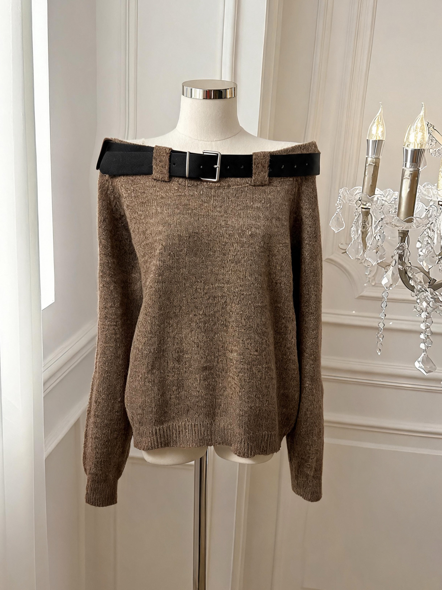 100% Merino Wool Off-Shoulder Loose Knit Sweater with Belt for Women - Image 2