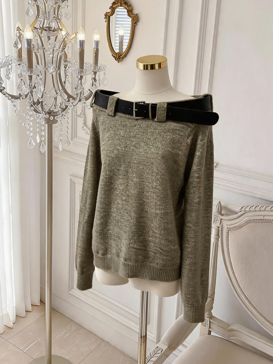 100% Merino Wool Off-Shoulder Loose Knit Sweater with Belt for Women - Image 3
