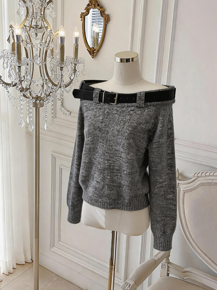 100% Merino Wool Off-Shoulder Loose Knit Sweater with Belt for Women - Image 4