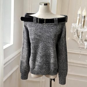 100% Merino Wool Off-Shoulder Loose Knit Sweater with Belt for Women