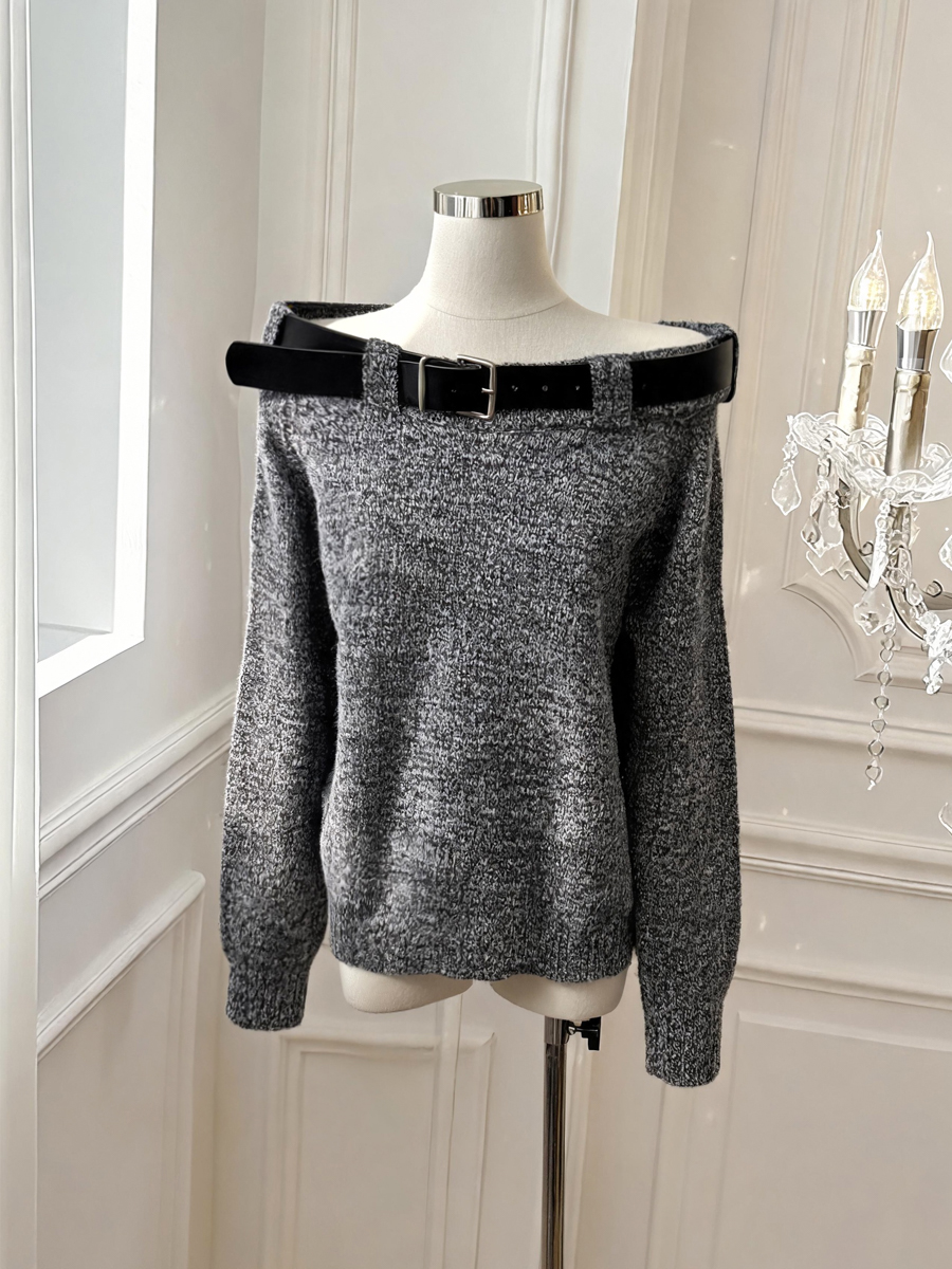 100% Merino Wool Off-Shoulder Loose Knit Sweater with Belt for Women
