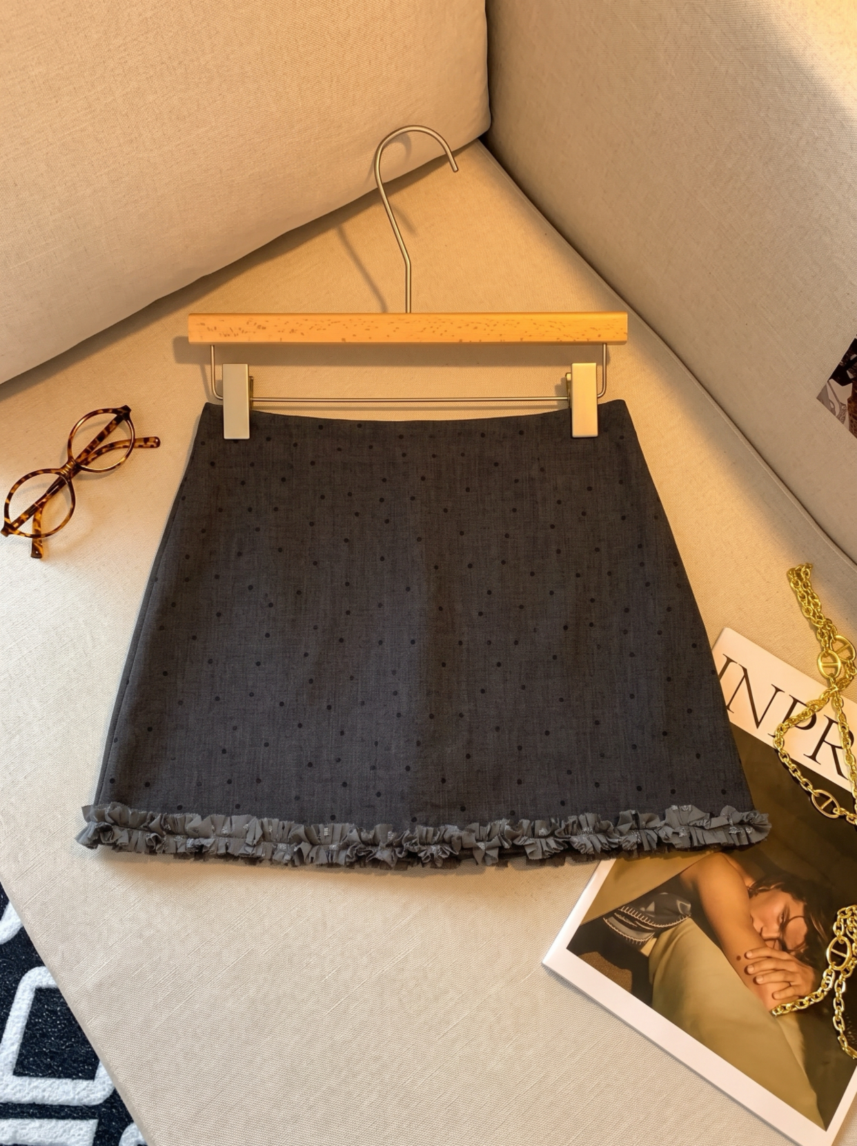 Women's High Waist A-Line Polka Dot Mini Skirt with Ruffle Trim and Anti-Exposure Lining - Image 4