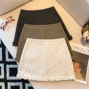 Women's High Waist A-Line Polka Dot Mini Skirt with Ruffle Trim and Anti-Exposure Lining