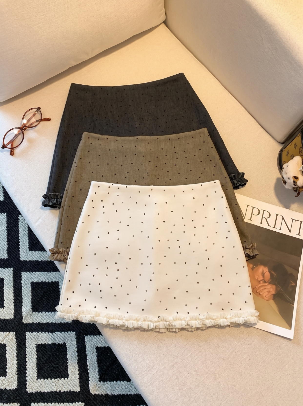 Women's High Waist A-Line Polka Dot Mini Skirt with Ruffle Trim and Anti-Exposure Lining