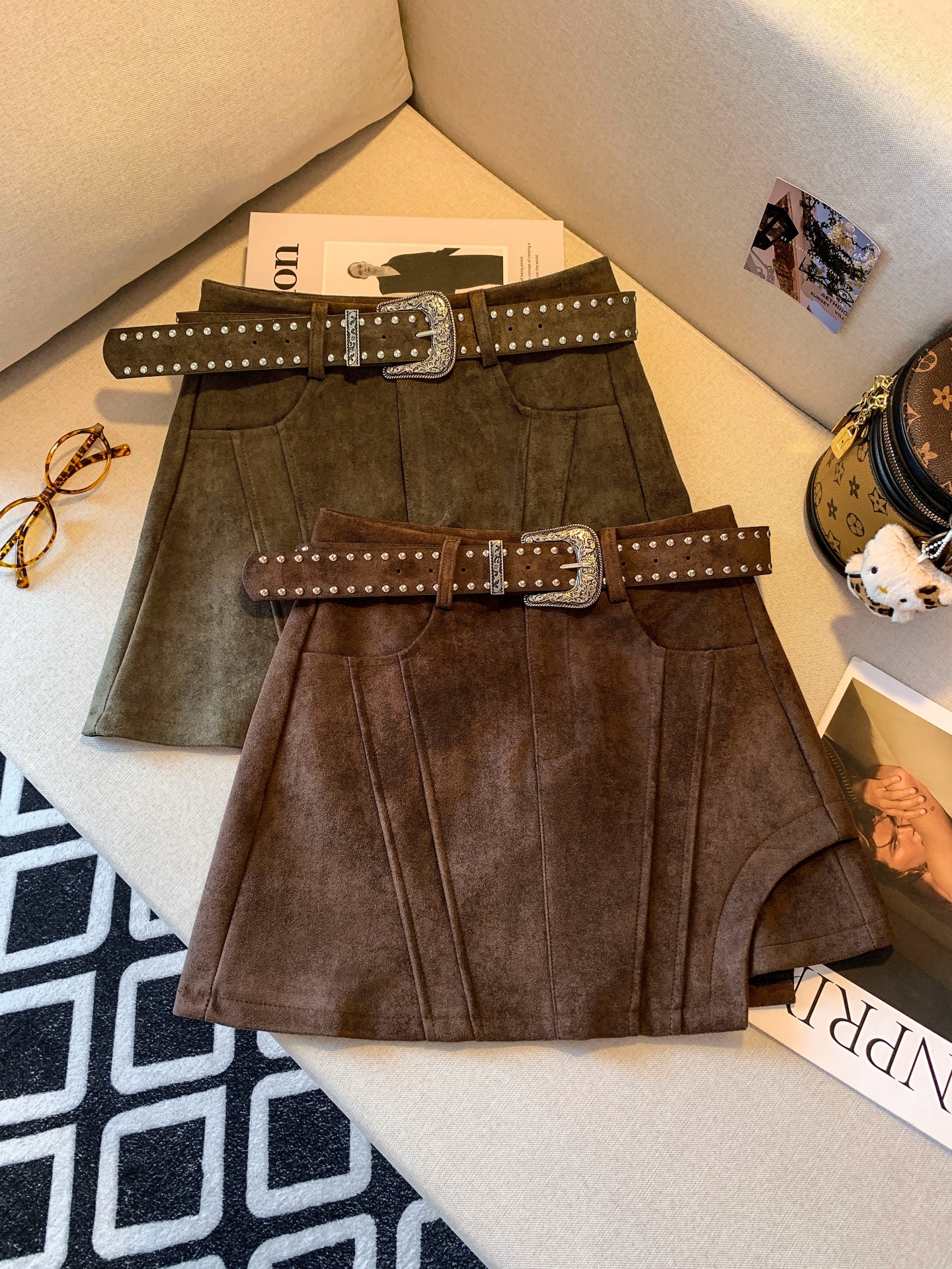 Korean Style Patchwork Faux Leather A-Line Mini Skirt for Women High Waist