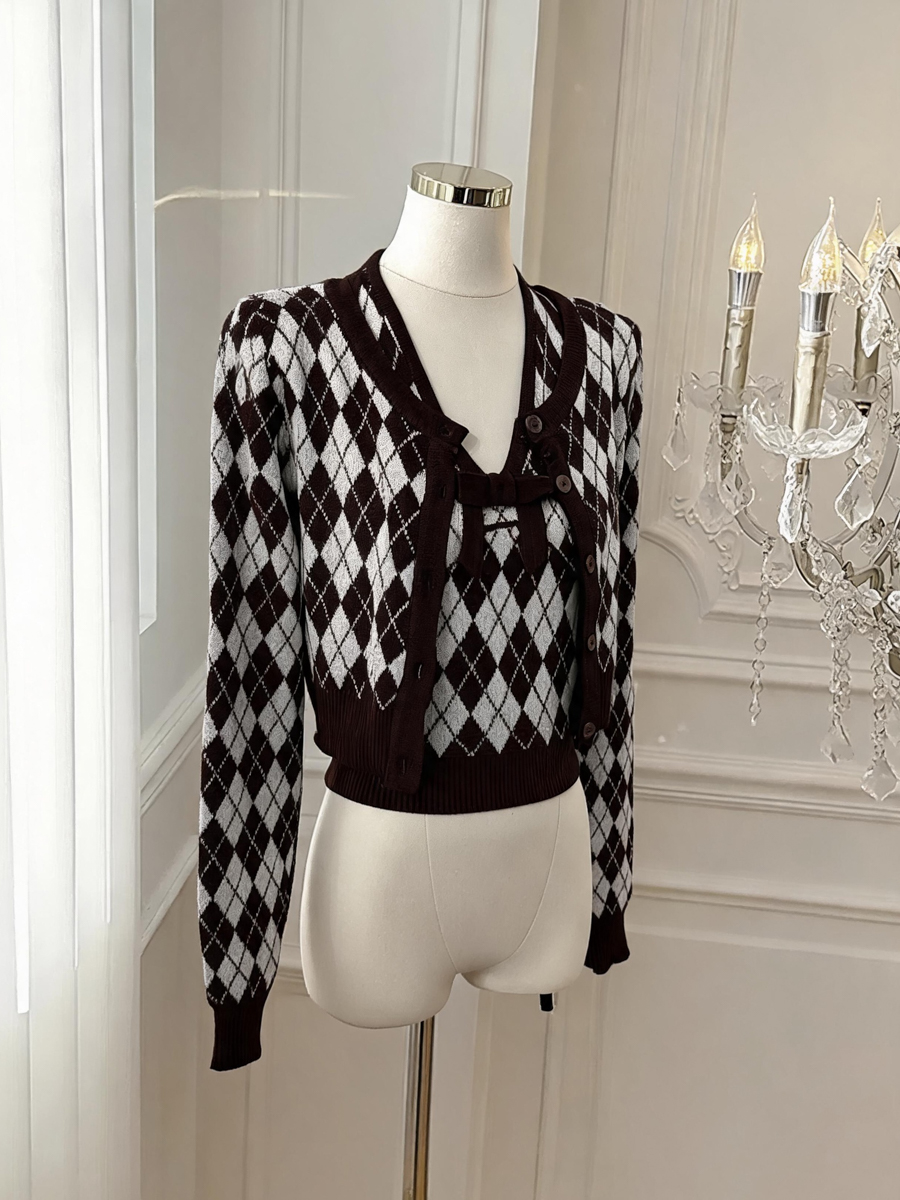 Women's Retro Diamond Knit Cardigan and Vest Two-Piece Set with Waist-Defined Fit - Image 3