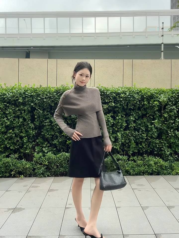 Women's Asymmetric Cape Knit Sweater Set in Dark Khaki - Image 4