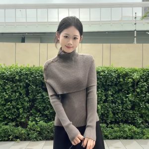 Women's Asymmetric Cape Knit Sweater Set in Dark Khaki
