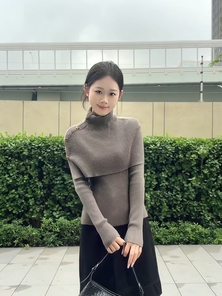 Women's Asymmetric Cape Knit Sweater Set in Dark Khaki