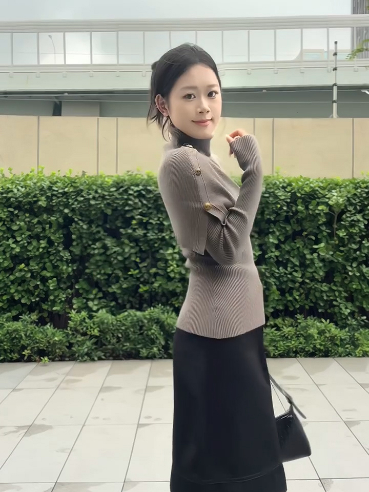 Women's Asymmetric Cape Knit Sweater Set in Dark Khaki - Image 2