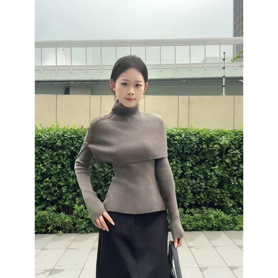 Women's Asymmetric Cape Knit Sweater Set in Dark Khaki - Image 5