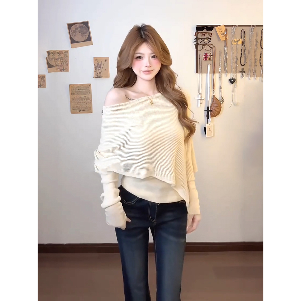 Early Autumn Asymmetric Faux Two-Piece Slimming Long Sleeve Knit Top - Style 717921 - Image 5