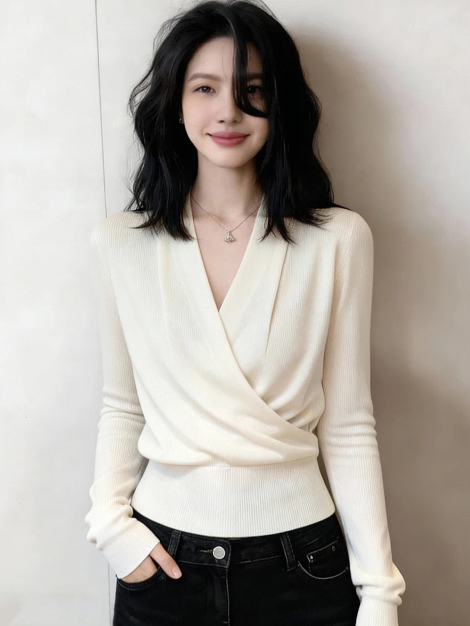 Women's Cross V-Neck Long Sleeve Knit Base Layer Top - Short Design - Image 4