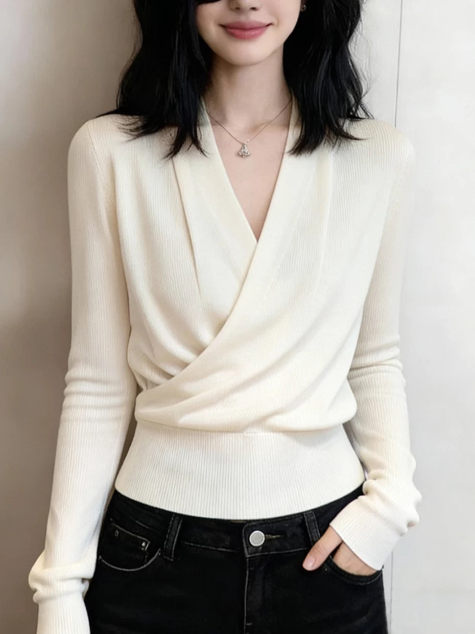 Women's Cross V-Neck Long Sleeve Knit Base Layer Top - Short Design - Image 2