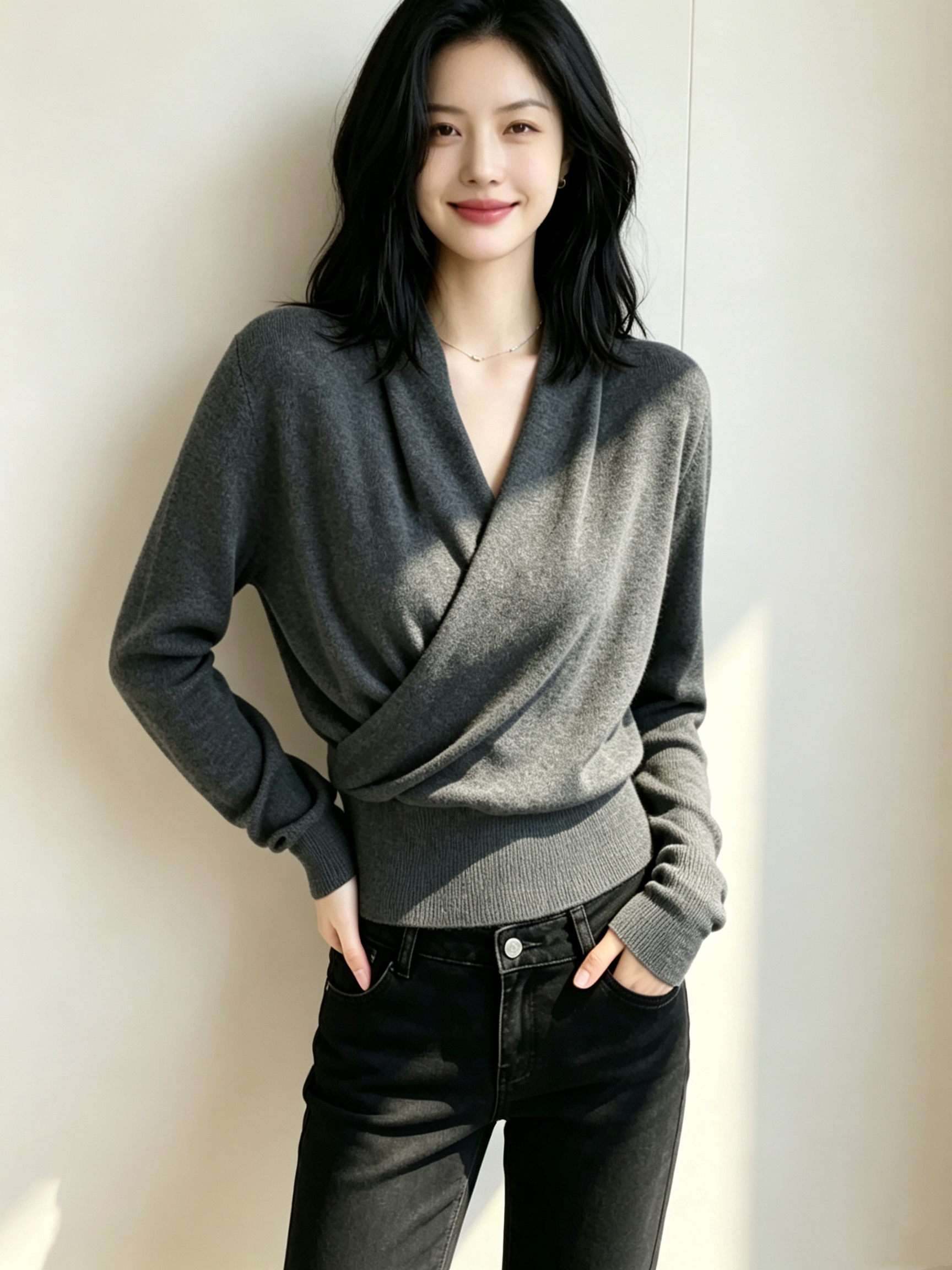 Women's Cross V-Neck Long Sleeve Knit Base Layer Top - Short Design - Image 3
