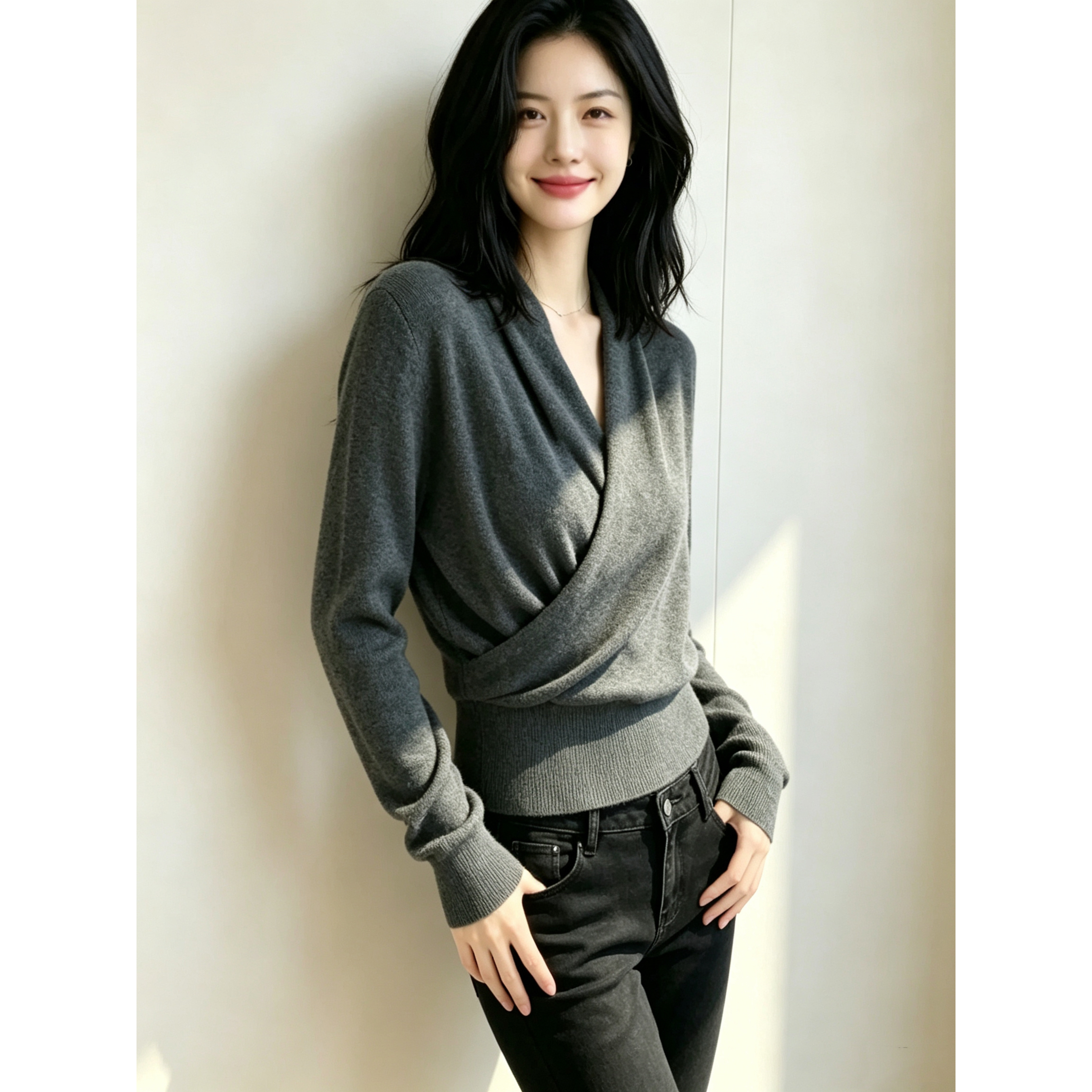 Women's Cross V-Neck Long Sleeve Knit Base Layer Top - Short Design - Image 5