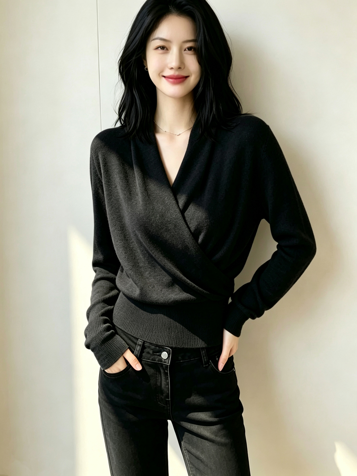 Women's Cross V-Neck Long Sleeve Knit Base Layer Top - Short Design
