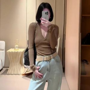 Shimmer Knit V-Neck Slim Fit Women's Base Layer Sweater