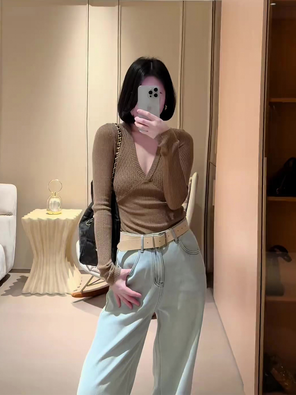 Shimmer Knit V-Neck Slim Fit Women's Base Layer Sweater
