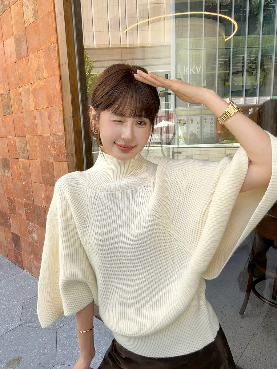 In Stock Dongdaemun Fall New Fashionable Loose Slimming Cape Batwing Sleeve Turtleneck Knit Sweater Women - Style 717fb3