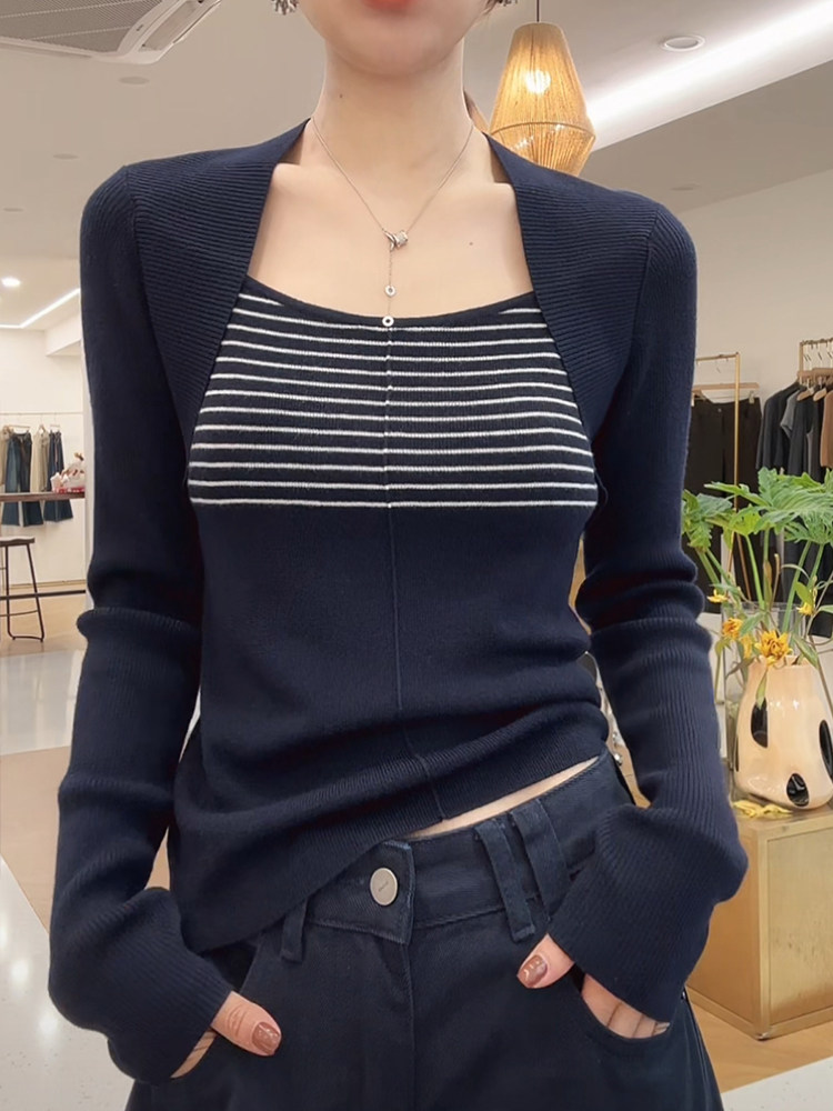 Women's Slimming Striped Knit Top with Layered Look Long Sleeve Fall Base Layer - Image 2