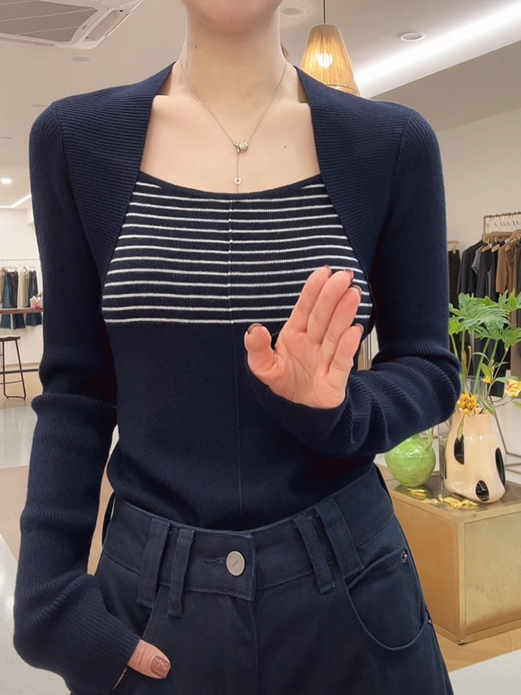 Women's Slimming Striped Knit Top with Layered Look Long Sleeve Fall Base Layer - Image 4