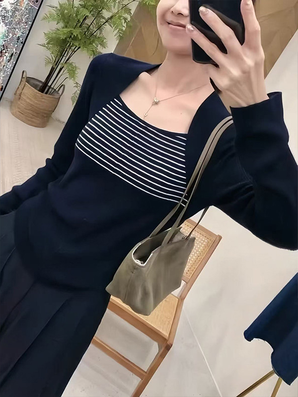 Women's Slimming Striped Knit Top with Layered Look Long Sleeve Fall Base Layer - Image 3