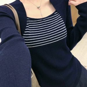 Women's Slimming Striped Knit Top with Layered Look Long Sleeve Fall Base Layer