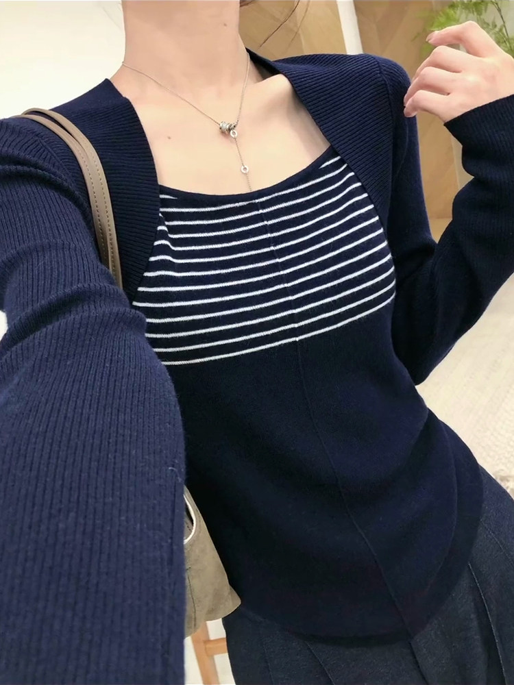 Women's Slimming Striped Knit Top with Layered Look Long Sleeve Fall Base Layer