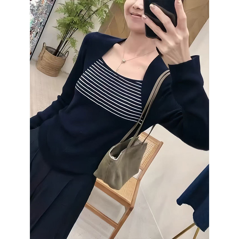 Women's Slimming Striped Knit Top with Layered Look Long Sleeve Fall Base Layer - Image 5