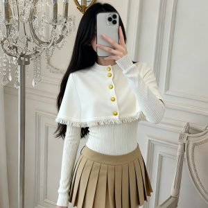 Women's Fringe Cape Shawl Knit Sweater Two-Piece Set French Elegant Style